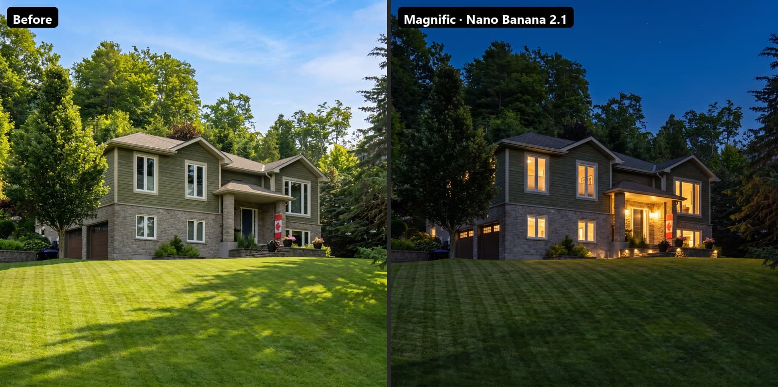 The house by day, and the same house at night from Nano Banana 2.1