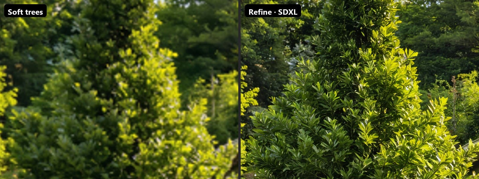 Soft trees before and after an SDXL refine: the leaves come out