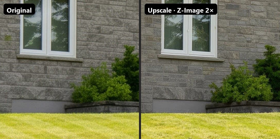 A detail of the original next to the Z-Image 2× upscale: stone, window frame and shrubs come out sharp