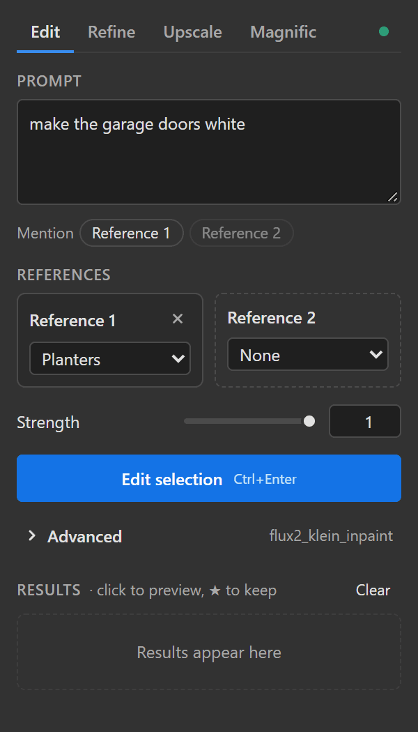 Edit tab: prompt, reference slots and strength