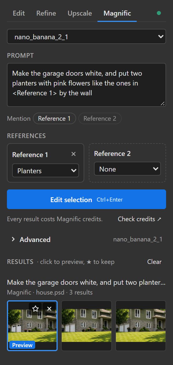 Magnific tab with three results