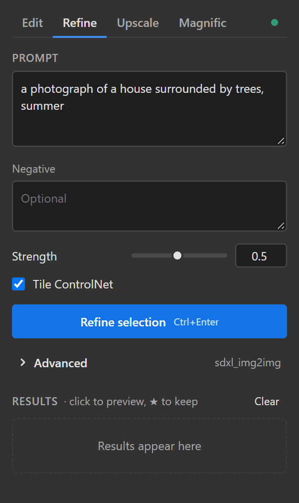 Refine tab: prompt, negative, strength and tile ControlNet