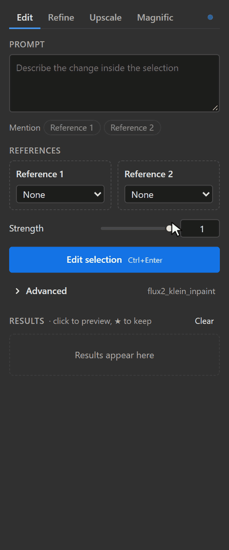 A tour of the panel: the four tabs, the Advanced settings, and a Magnific run with three results